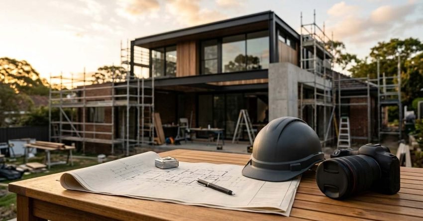 Architectural blueprints with a pen, tape measure, matte grey hard hat, and DSLR camera on an outdoor wooden table in front of a modern two-story home addition with steel framing and scaffolding