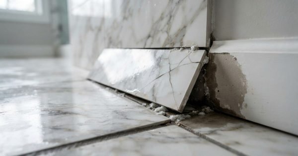 Cracked and dislodged marble baseboard tile pushed outward by water seepage, showing salt efflorescence and damp plaster damage along a bathroom floor