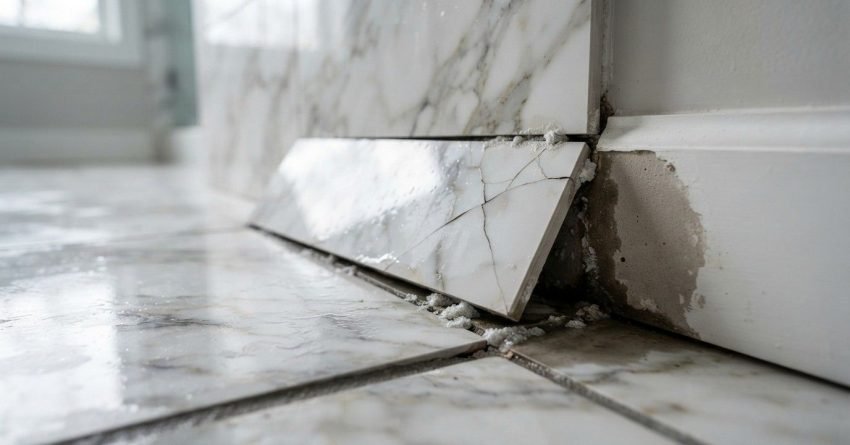 Cracked and dislodged marble baseboard tile pushed outward by water seepage, showing salt efflorescence and damp plaster damage along a bathroom floor