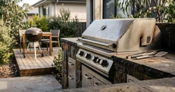 Close-up of a stainless steel built-in gas grill set into a stacked fieldstone outdoor kitchen counter with dark stone coping, overlooking a raised timber deck with kettle barbecue and dining furniture in a suburban backyard