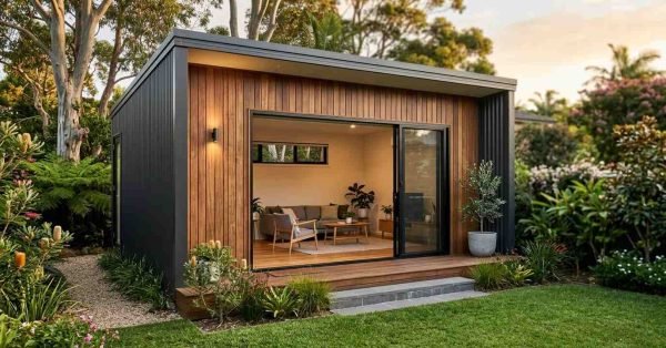 A modern detached backyard granny flat converted from a shed, featuring vertical timber and black corrugated cladding, sliding glass doors, a low-profile porch deck, and a furnished living room interior surrounded by lush garden landscaping