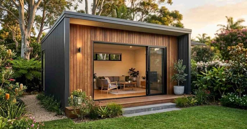 A modern detached backyard granny flat converted from a shed, featuring vertical timber and black corrugated cladding, sliding glass doors, a low-profile porch deck, and a furnished living room interior surrounded by lush garden landscaping