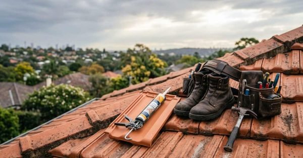 Roofer's leather tool belt, work boots, claw hammer, spare terracotta roof tile, and caulking gun resting along the ridge of a terracotta tiled roof overlooking a suburban city skyline