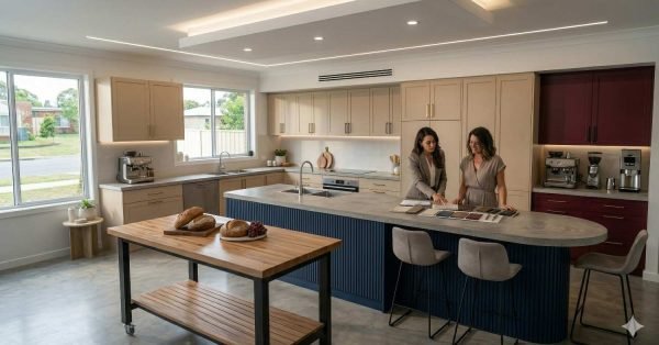 Modern kitchen with 2026 cabinet color trends including warm neutrals, deep green, navy, burgundy, and natural wood finishes