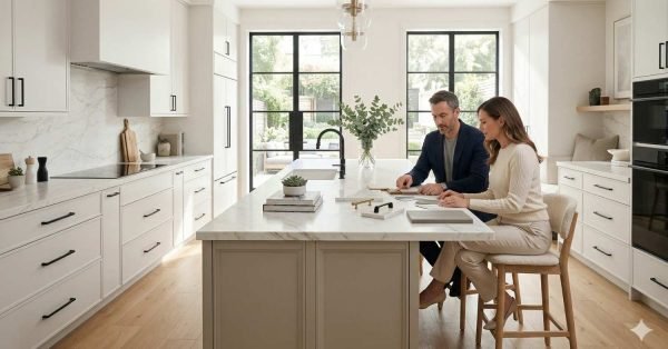 Modern kitchen with white, grey, and neutral colors that increase home value with clean design and natural lighting