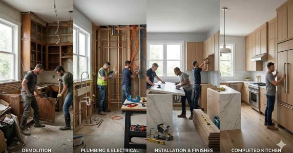 Step-by-step kitchen remodel process showing demolition, installation, and finished modern kitchen in sequence