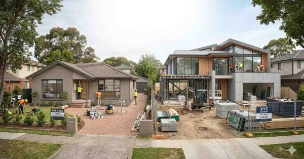 comparison of home renovation versus knock down rebuild showing old house upgrade and new modern home construction