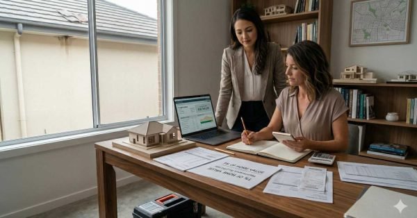 Homeowner living in an outdated house while reviewing renovation plans to decide improvements before renovating