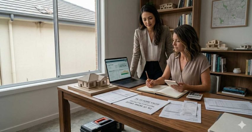Homeowner living in an outdated house while reviewing renovation plans to decide improvements before renovating