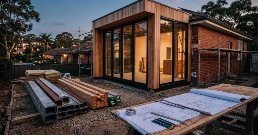 Modern home extension under construction with architectural blueprints, building materials, and floor-to-ceiling glass windows