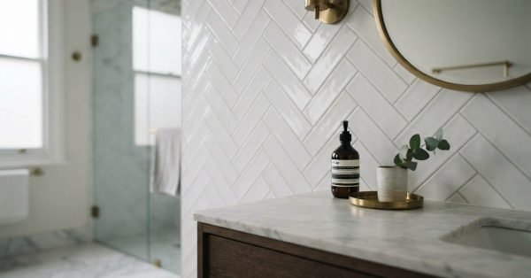 Glossy white subway tiles laid in a vertical herringbone pattern behind a dark wood vanity with white marble countertop, round brass mirror, and gold wall sconce