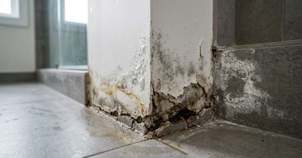 Severe water damage, bubbling paint, black mold growth, and crumbling drywall along the base of a bathroom wall adjacent to a tiled shower curb