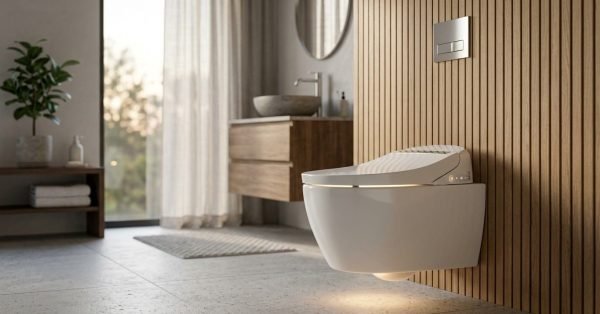 Wall-hung intelligent bidet toilet with warm LED nightlight glow mounted against a vertical oak wood slat feature wall beside a brushed metal flush plate