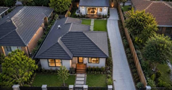 Aerial view of a Sydney suburban property featuring a modern detached granny flat behind the main residence, with private access, landscaped outdoor space, and a layout designed for rental income and long-term property value growth.