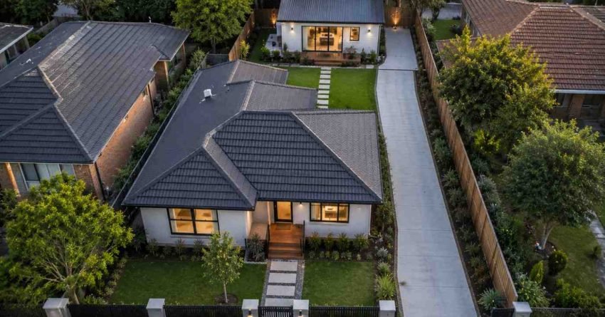 Aerial view of a Sydney suburban property featuring a modern detached granny flat behind the main residence, with private access, landscaped outdoor space, and a layout designed for rental income and long-term property value growth.