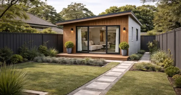 Modern detached granny flat design in a Sydney suburban backyard with contemporary exterior and landscaped garden.