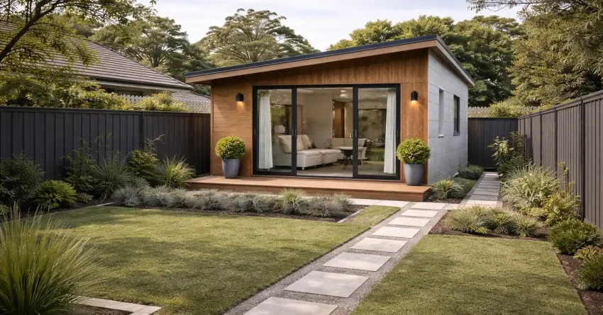 Modern detached granny flat design in a Sydney suburban backyard with contemporary exterior and landscaped garden.