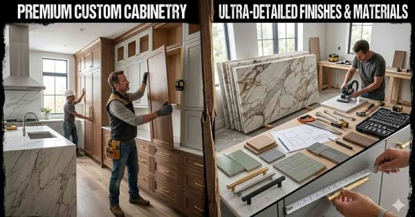 Kitchen renovation showing installation of expensive custom cabinets and countertops highlighting the highest cost elements