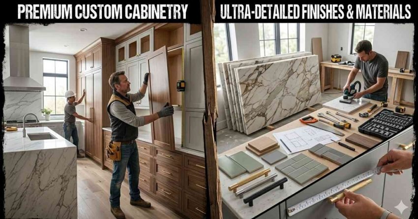 Kitchen renovation showing installation of expensive custom cabinets and countertops highlighting the highest cost elements
