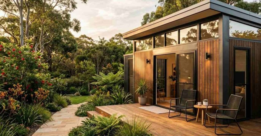 A contemporary wood-clad backyard granny flat with floor-to-ceiling glass doors, an elevated timber deck with patio chairs, and a paved stone path weaving through a native botanical garden at sunset