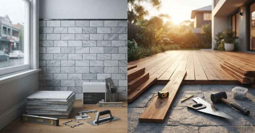 Split-frame comparison showing interior subway tile installation with adhesive and trowels beside an outdoor hardwood timber deck build at sunset with carpenter tools