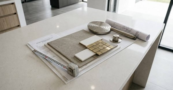 Bathroom design board featuring brushed nickel shower head, gold mosaic tile, white subway tiles, grey stone slab, and rolled blueprints