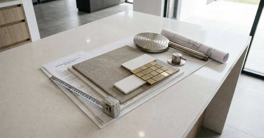 Bathroom design board featuring brushed nickel shower head, gold mosaic tile, white subway tiles, grey stone slab, and rolled blueprints