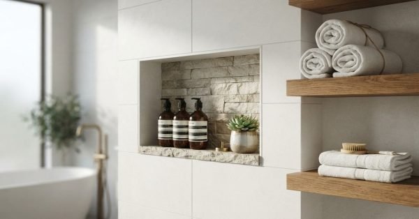 Recessed shower niche with natural stacked stone backing and toiletries beside floating open oak wood shelves with rolled white towels in a modern bathroom