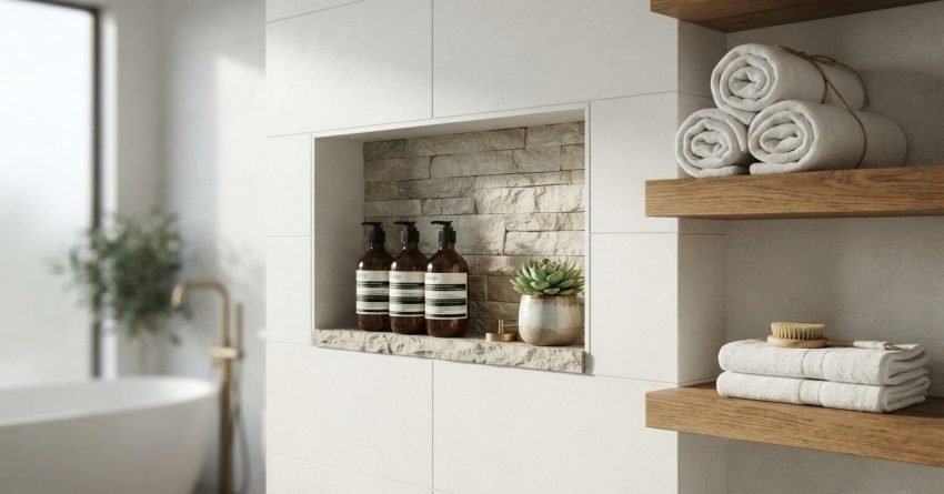 Recessed shower niche with natural stacked stone backing and toiletries beside floating open oak wood shelves with rolled white towels in a modern bathroom