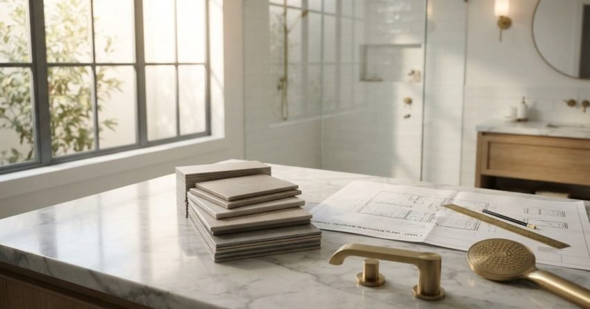 Brushed brass wall spout and handheld shower head arranged with architectural floor plans and stacked ceramic tile samples on a white marble countertop
