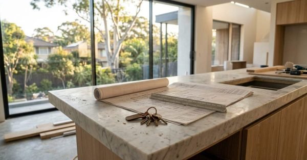 Architectural blueprints with a scale ruler, key ring, and rolled drawings on a marble kitchen island during home construction overlooking large glass sliding doors