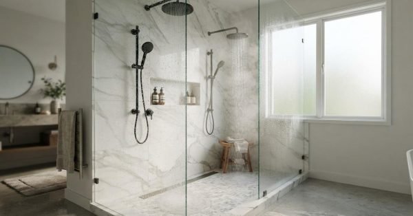 Luxury double walk-in shower with dual matte black rainfall shower heads, handheld sprayers, white marble tile walls, and a glass enclosure