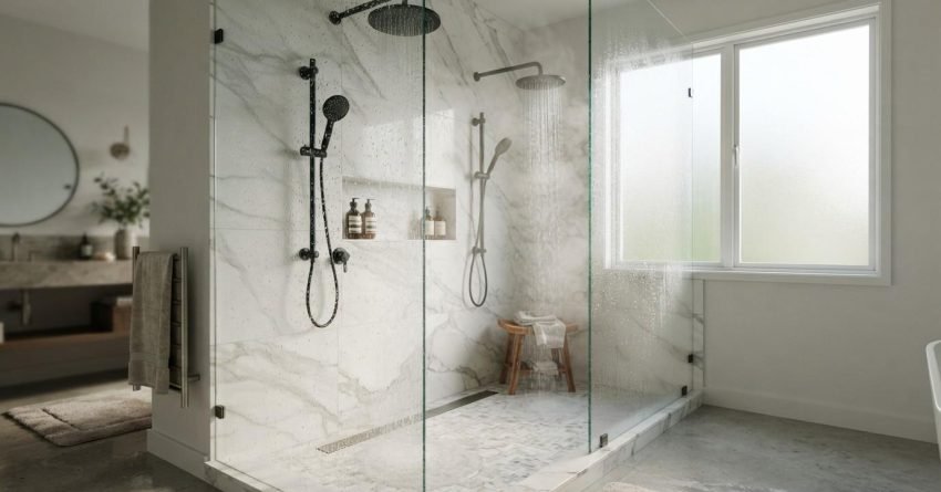 Luxury double walk-in shower with dual matte black rainfall shower heads, handheld sprayers, white marble tile walls, and a glass enclosure