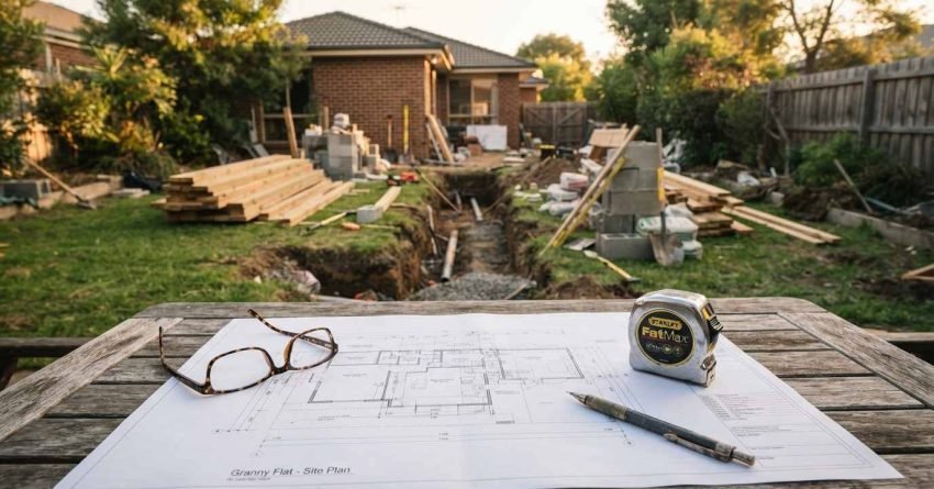 Granny flat site plan blueprints laid out with eyeglasses, a pencil, and a tape measure on a wooden outdoor table overlooking backyard trenching and foundation preparation