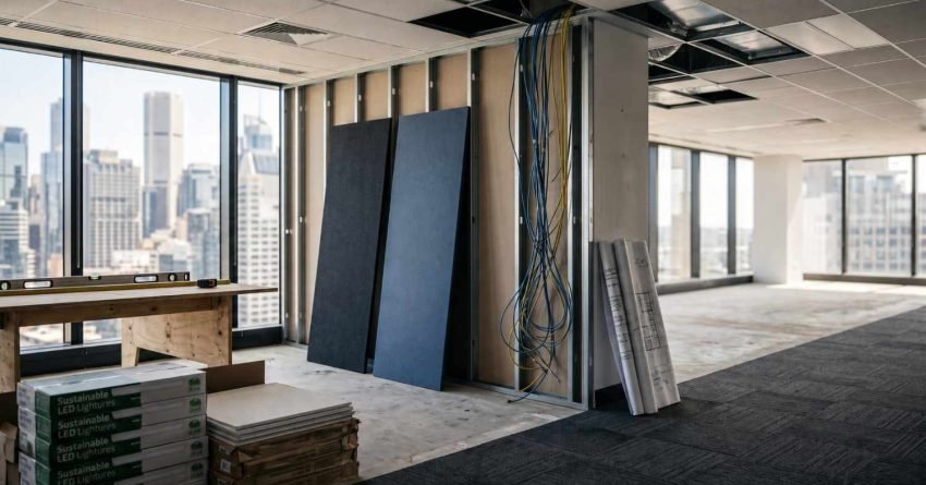 Office interior under renovation with exposed wall framing, electrical wiring, ceiling work, and city skyline views through large windows