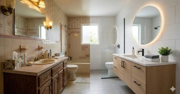 comparison of outdated bathroom design with modern updated bathroom showing key differences in style and fixtures