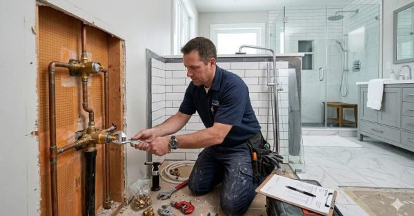 plumber installing shower with visible pipes and fittings showing cost and labour for shower installation