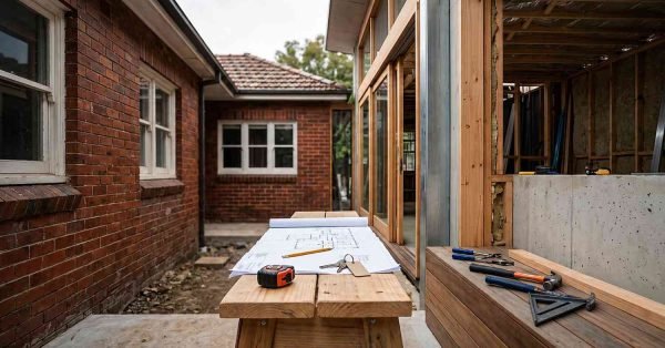 Rear home extension construction with architectural blueprints, contractor tools, and timber frame renovation in progress