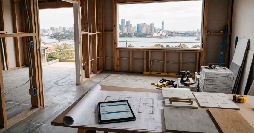 Home construction site with architectural plans, material samples, digital tablet, and renovation tools overlooking a city skyline