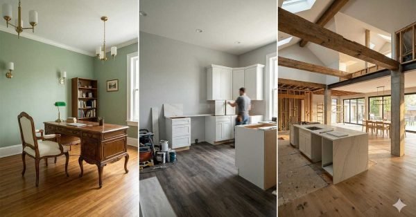 Three-panel comparison showing refurbishment with minor updates, renovation with upgrades, and remodel with major structural changes in a home