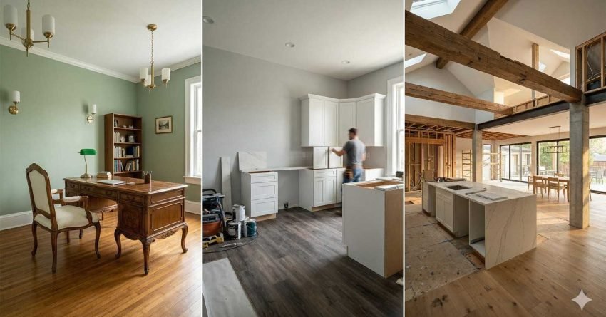 Three-panel comparison showing refurbishment with minor updates, renovation with upgrades, and remodel with major structural changes in a home