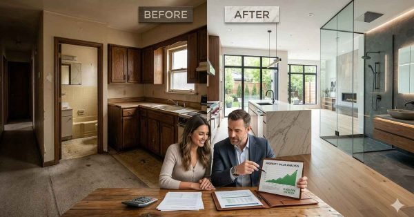 Before and after home renovation showing upgrades that increase property value by $100000 with modern kitchen and bathroom improvements