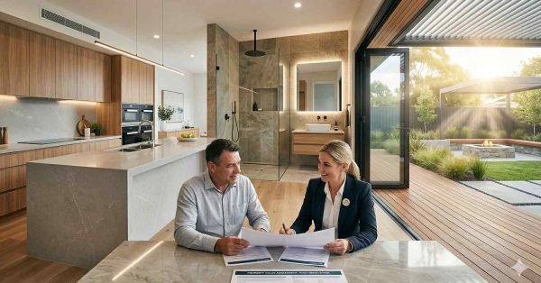 Modern kitchen, bathroom, and outdoor living space showing renovations that add the most value to a home in Australia