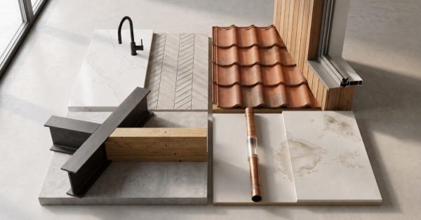 Modern building materials display featuring quartz countertop, roof tiles, steel beam, copper pipe, wood cladding, and aluminum window frame