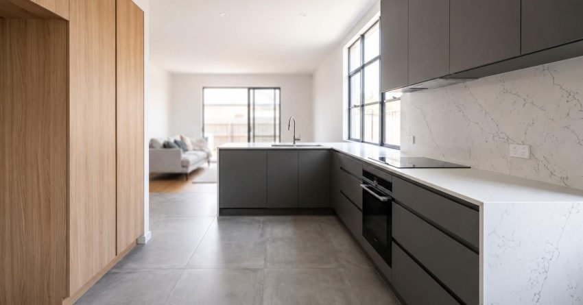 Modern minimalist kitchen with dark gray cabinets, white marble countertops, wood pantry cabinetry, and a central island