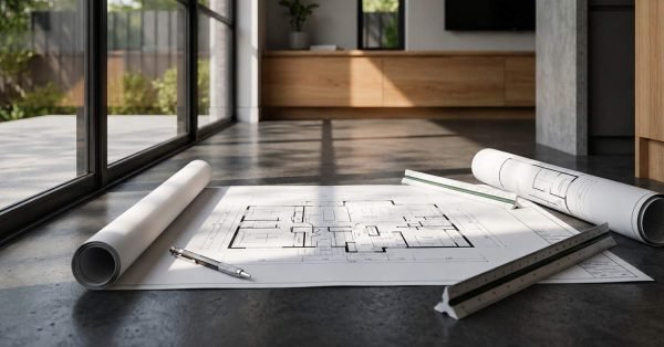 Architectural floor plan with blueprints, rulers, and drafting tools in a modern home under construction