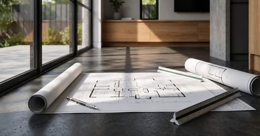 Architectural floor plan with blueprints, rulers, and drafting tools in a modern home under construction Side
