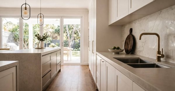 Modern white kitchen with a large island, quartz countertops, double sink, pendant lighting, and sliding glass doors to the backyard