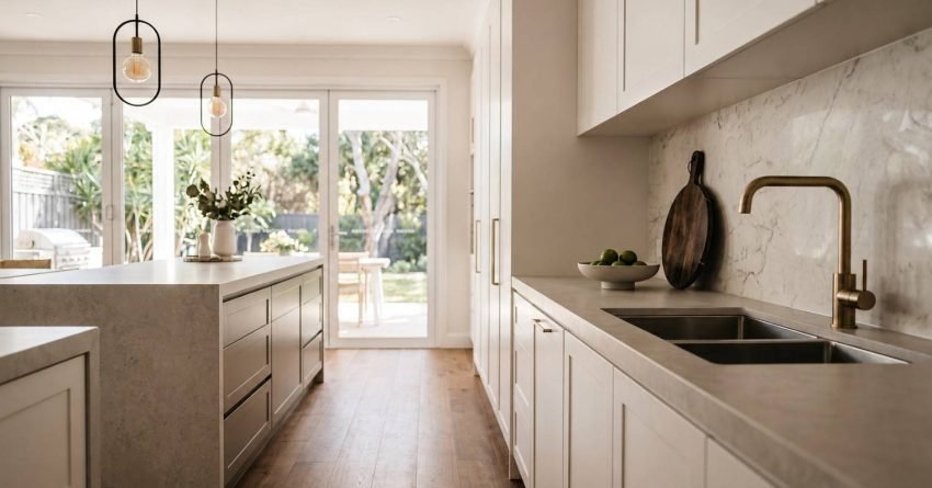 Modern white kitchen with a large island, quartz countertops, double sink, pendant lighting, and sliding glass doors to the backyard
