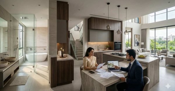 Modern kitchen, bathroom, and living room shown as the most valuable areas of a house with homeowner discussing property value